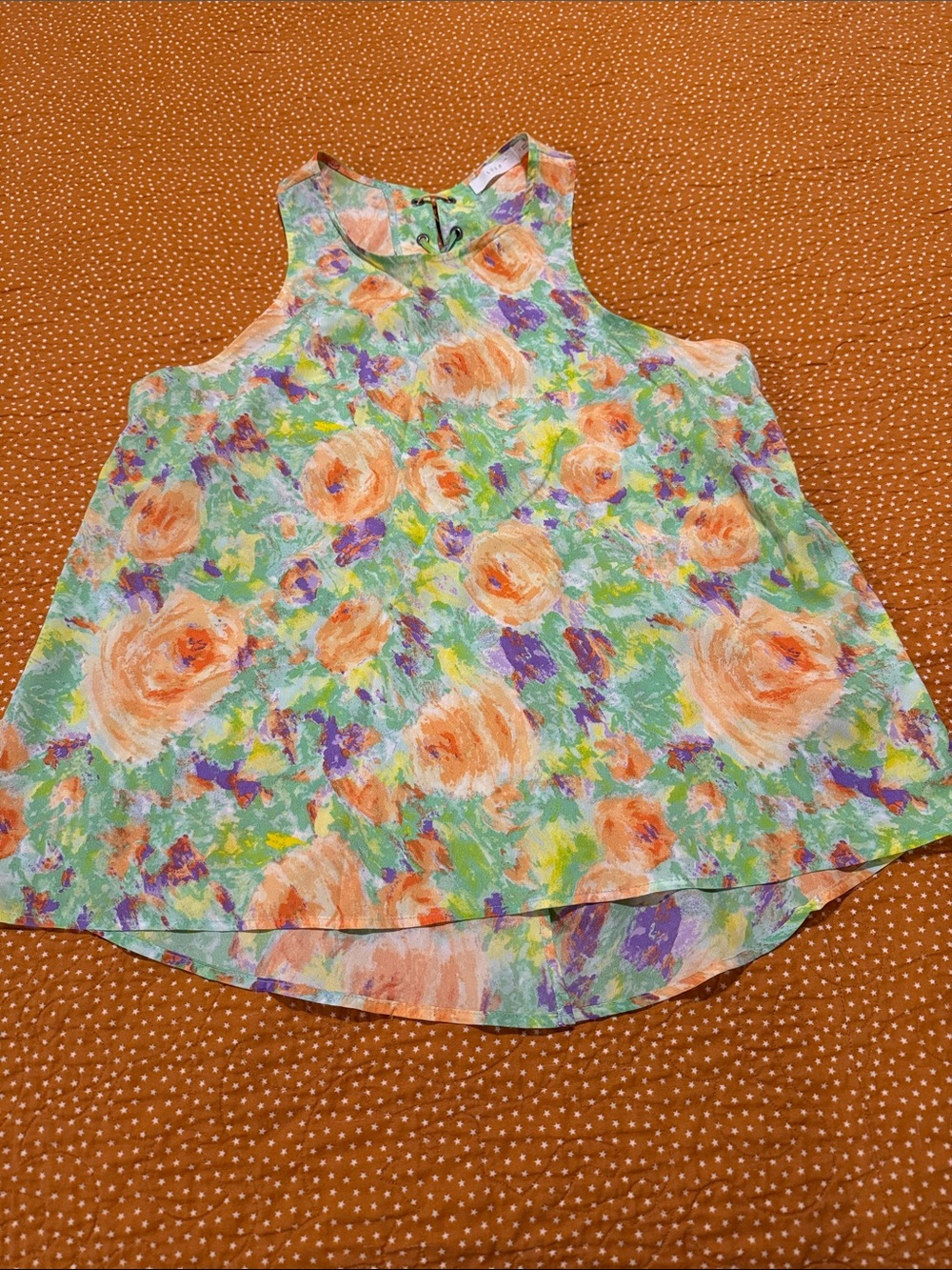 Lush Mint Floral Sleeveless Blouse with Peach Roses